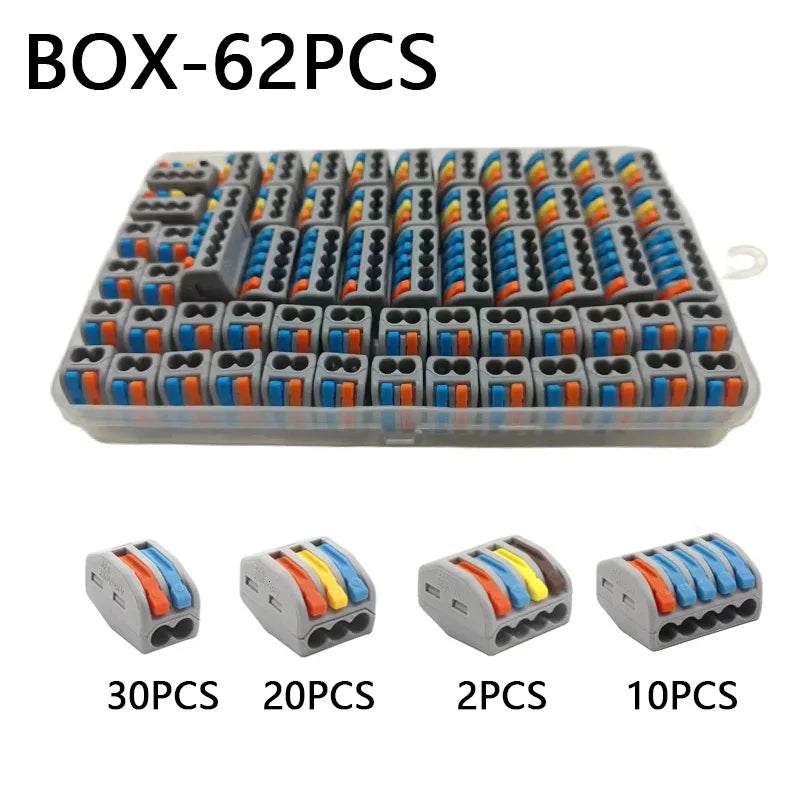 Electrical Wire Connector Set 48/62PCS 2/3/4/5/8 Port Lever Quick Splice Wire Connectors 32A 250V AWG28-12 0.08-4mm2 Storage Box