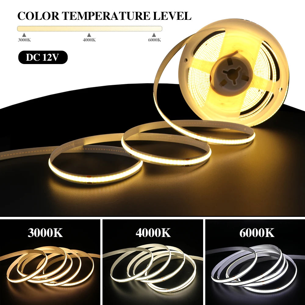DC 12V 24V COB Strip 320Leds/M High Density RA90 White Pink Yellow Ice Blue Red Green Flexible Ribbon Rope LED Light