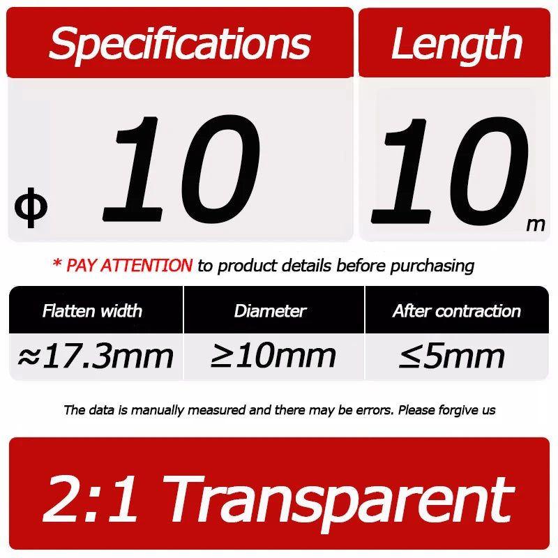 10 Meter/Lot Heat Shrink Tube 2:1 Clear Transparent Tubing Shrinkable Wrap 1mm - 60mm Cable Sleeve Wire