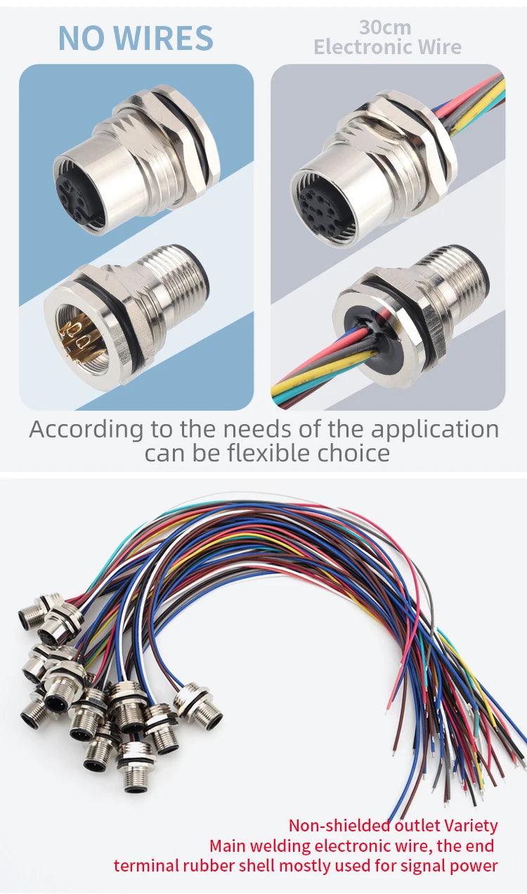 M12 Panel Male Female  Metal Front Mount Socket Solder 4 6 8 12 Pin Receptacle Straight Circular Connectors With 30cm Wires