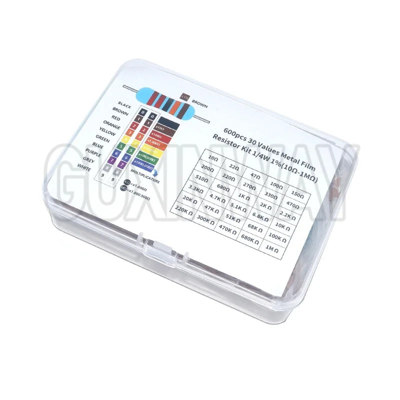 300/600PCS 1/4W Metal Film Resistor kit 1% 30 values 0.25W Resistors Kit 10Ω~1MΩ colored ring resistance Electronic Kit