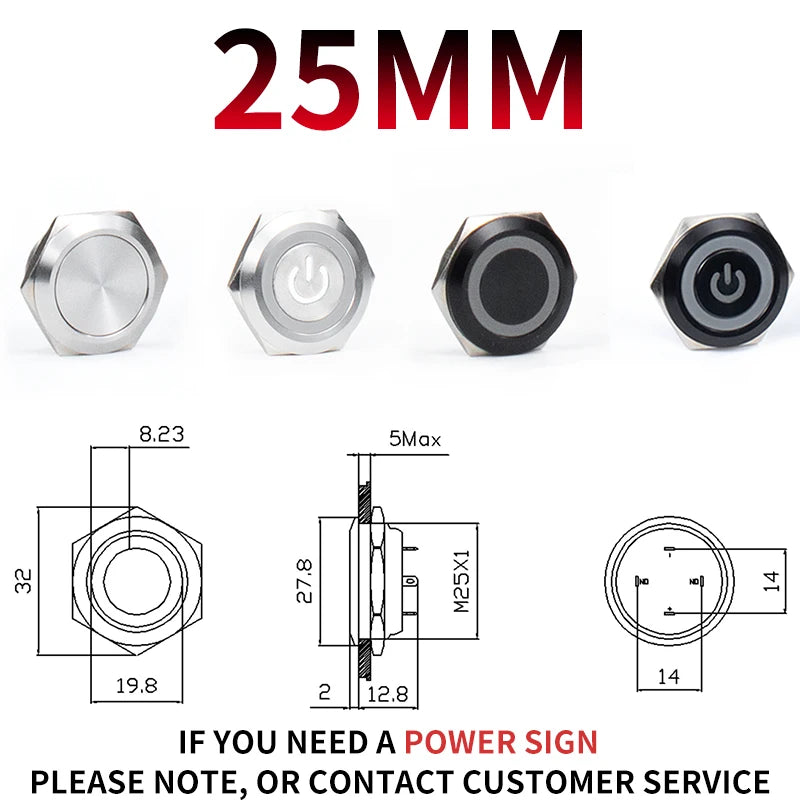 12/16/19/22/25/30mm Short Stroke Mini Waterproof Metal Push Button Switch Power Led Light Momentary 5/12/24/220V Black 1NO