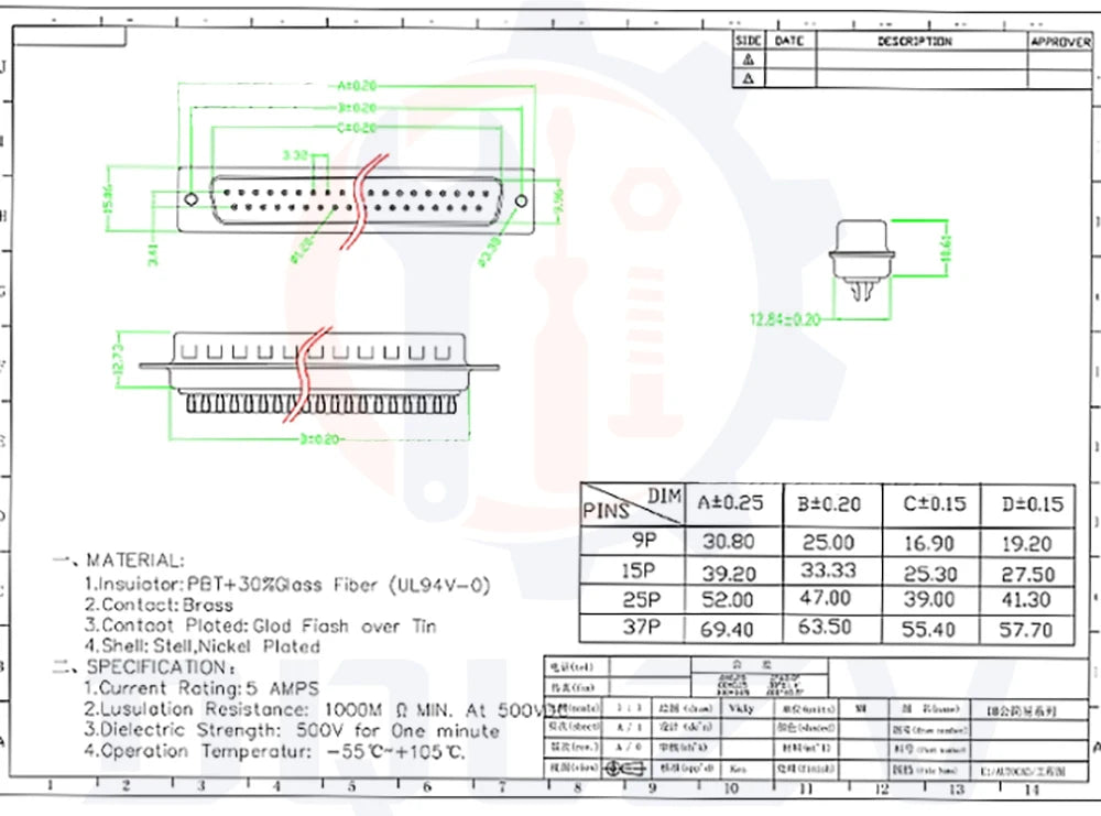 5PCS D-SUB 9 15 25 37 Pin Male Female Solder Type Connector DIP Straight Mount Serial Port Adapter 2 Rows DB9 DB15 DB25 DB37
