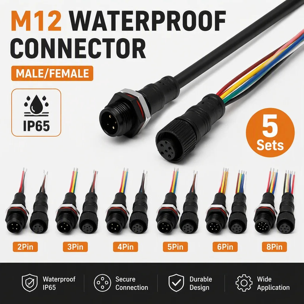 5PCS M12 Metal Panel Mount Connector IP65 Waterproof 2 3 4 5 6 8 Pin Male Female Socket Plug Pigtail Wire Industrial Cable