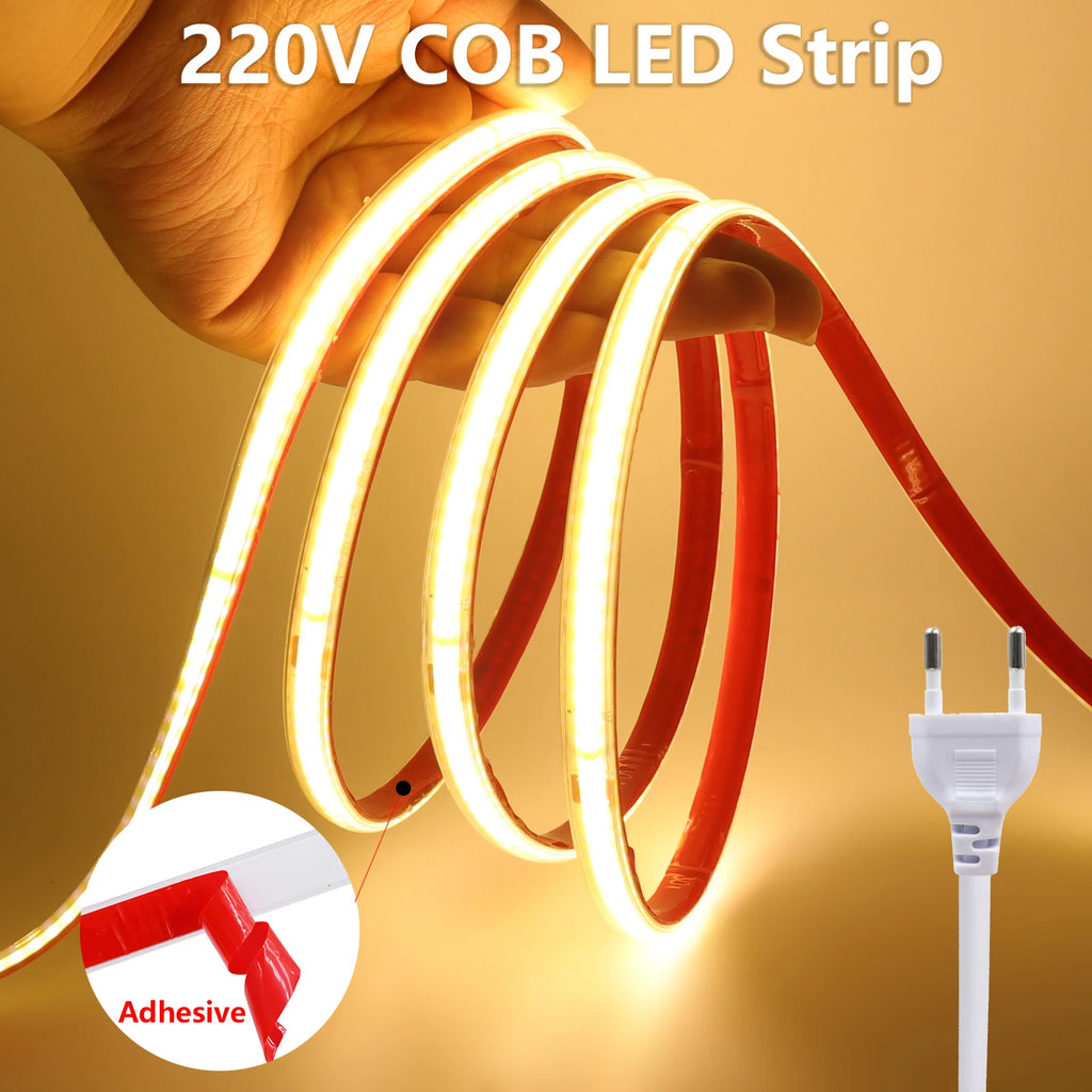 220V Self-adhesive LED Strip 10cm Cuttable Waterproof COB LED Strip No Need Driver Flexible Tape for Kitchen Home Garden Decor