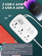 LDNIO Universal Power Strip with 65W GaN USB Charer 3250W Extension Cable Network Filter Surge Protector  EU/US/UK Plug Socket