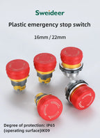 16/22mm Plastic Emergency Stop Power Push Button Switch Anti-slip IP65 Waterproof Mushroom Head Rotation Reset 1NO 1NO1NC