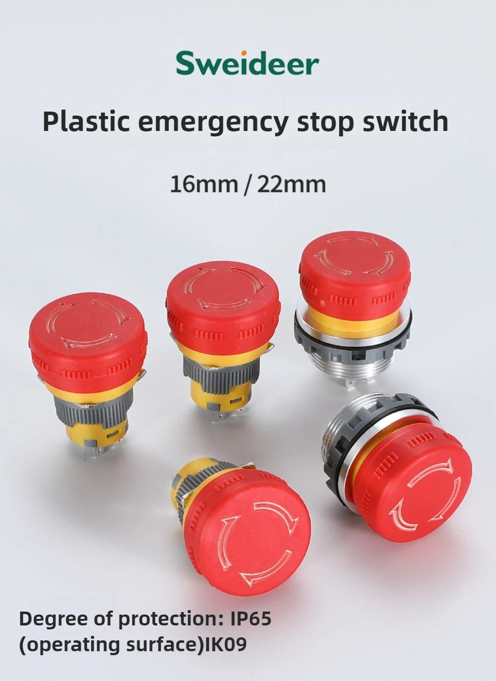16/22mm Plastic Emergency Stop Power Push Button Switch Anti-slip IP65 Waterproof Mushroom Head Rotation Reset 1NO 1NO1NC