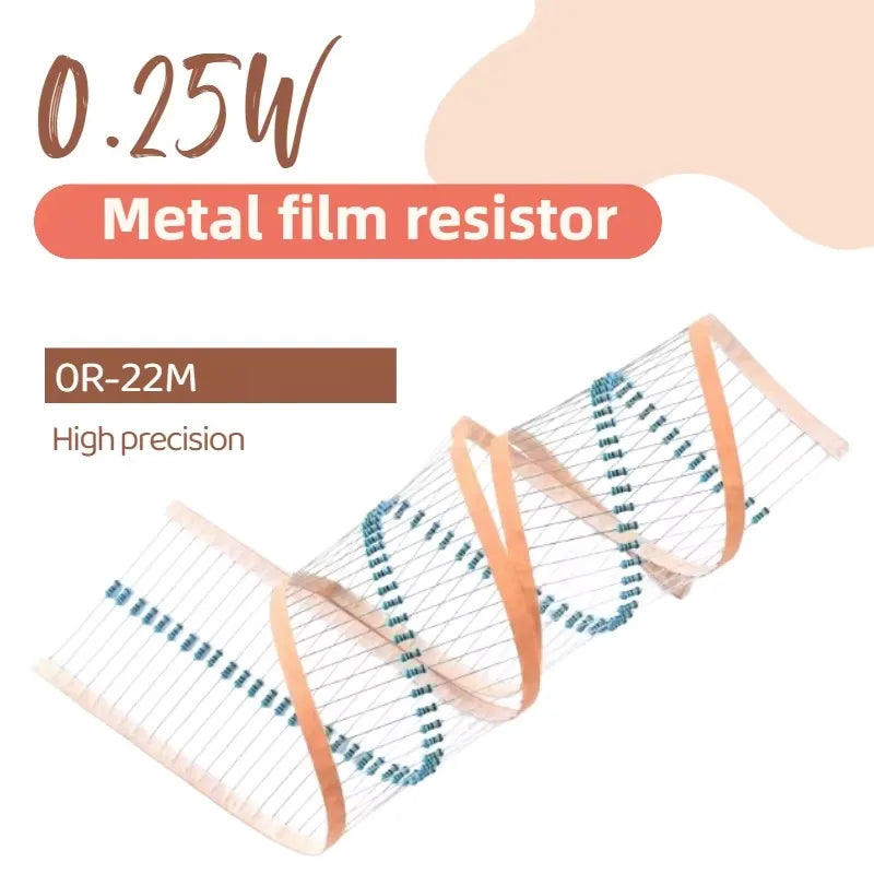 100pcs,0.25W 0R-22M 1% Metal Film Resistor 1/4W 0 2.2 10 100 150 220 270 330 470 1K 2.2K 4.7K 10K 47K 100K 470K 1M 10M 20M Ohms