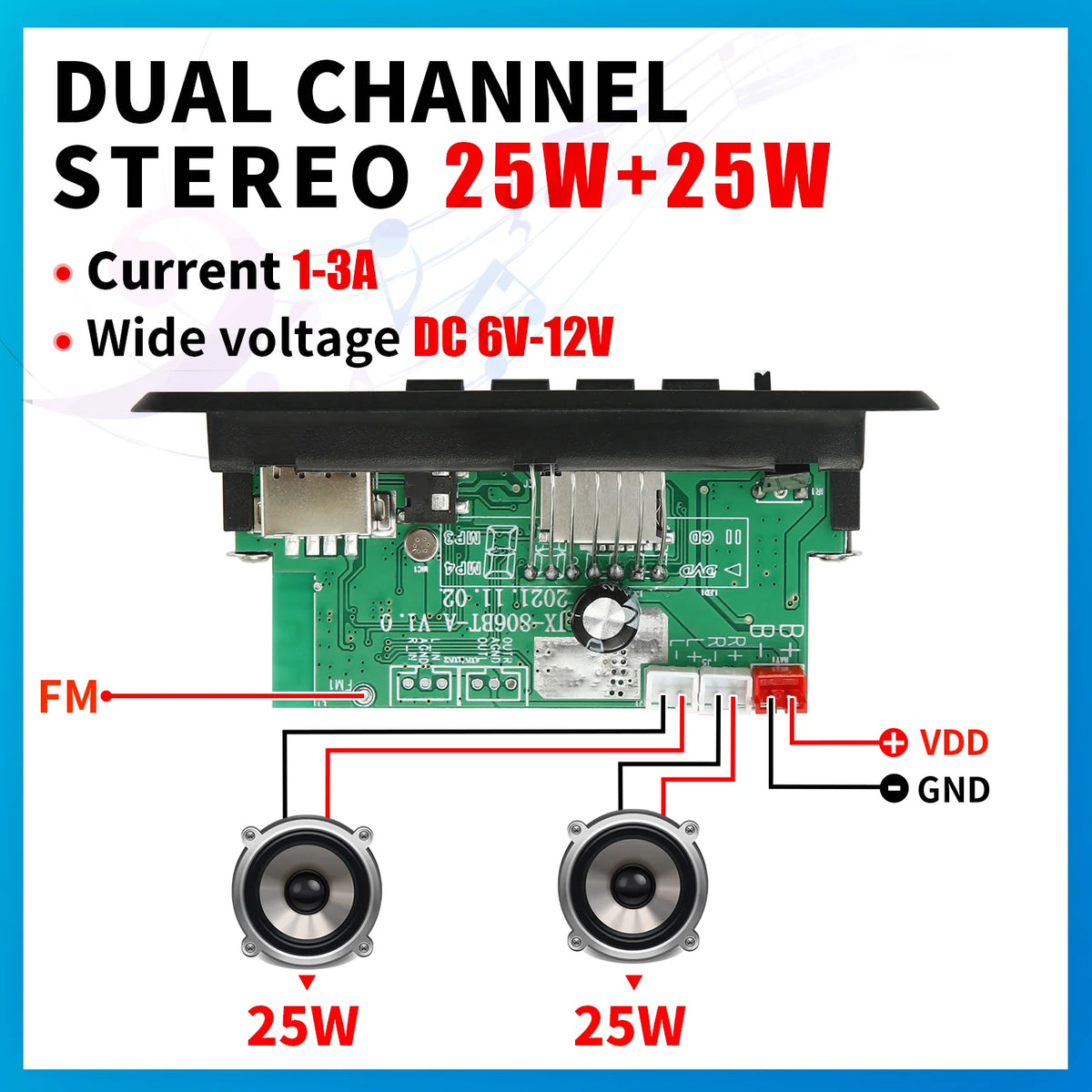 50W Amplifier Bluetooth 5.0 MP3 Decoder Board 12V Wireless Music Player Audio Modul USB TF AUX FM Radio for Speaker Handsfree