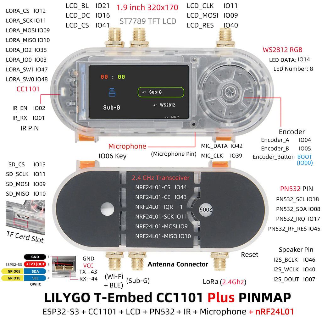 T-Embed CC1101 Plus ESP32-S3 Development Board Multifunctional Sub-1GHz 2.4GHz Dual RF Band 1.9" LCD NFC IR Remote IoT Module