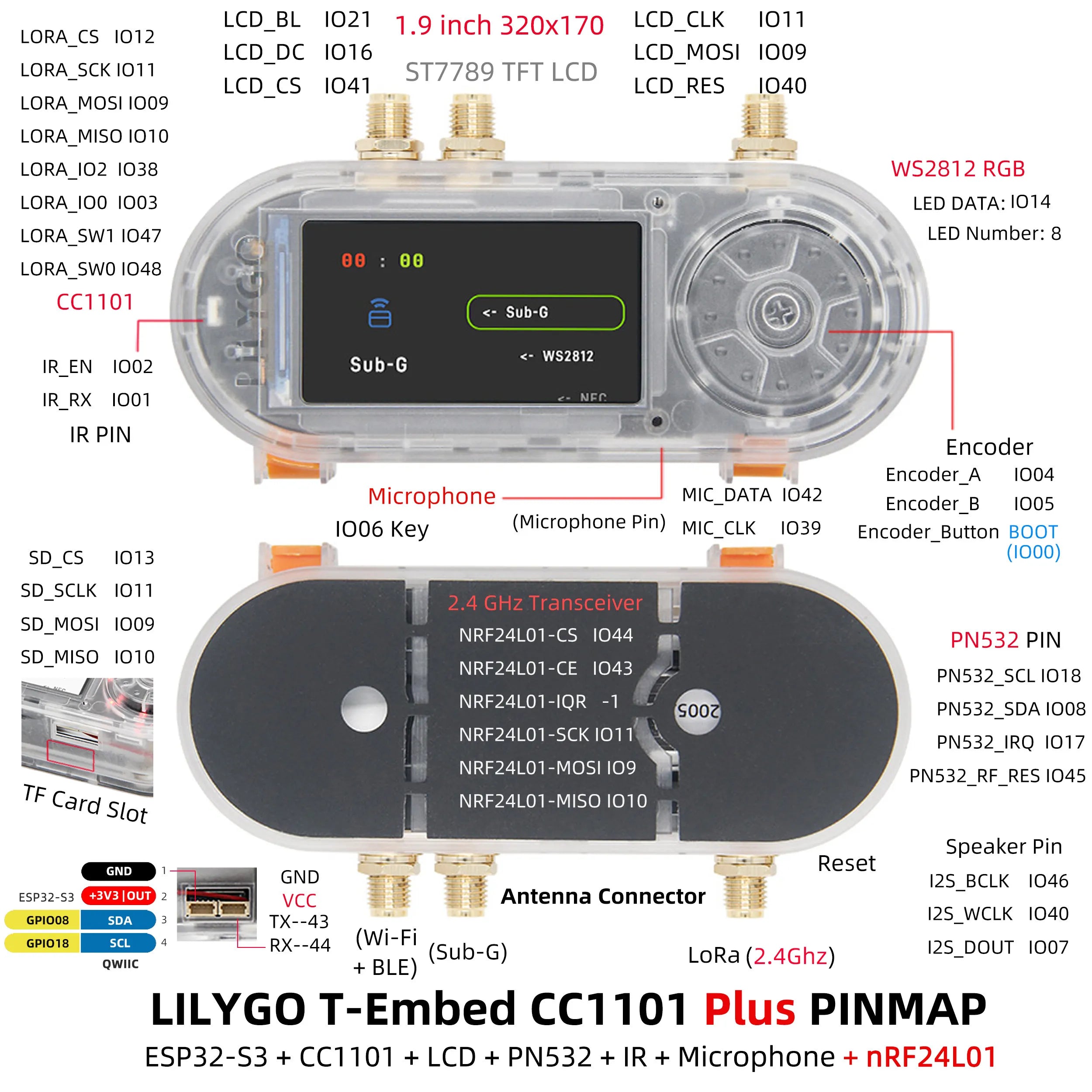 T-Embed CC1101 Plus ESP32-S3 Development Board Multifunctional Sub-1GHz 2.4GHz Dual RF Band 1.9" LCD NFC IR Remote IoT Module