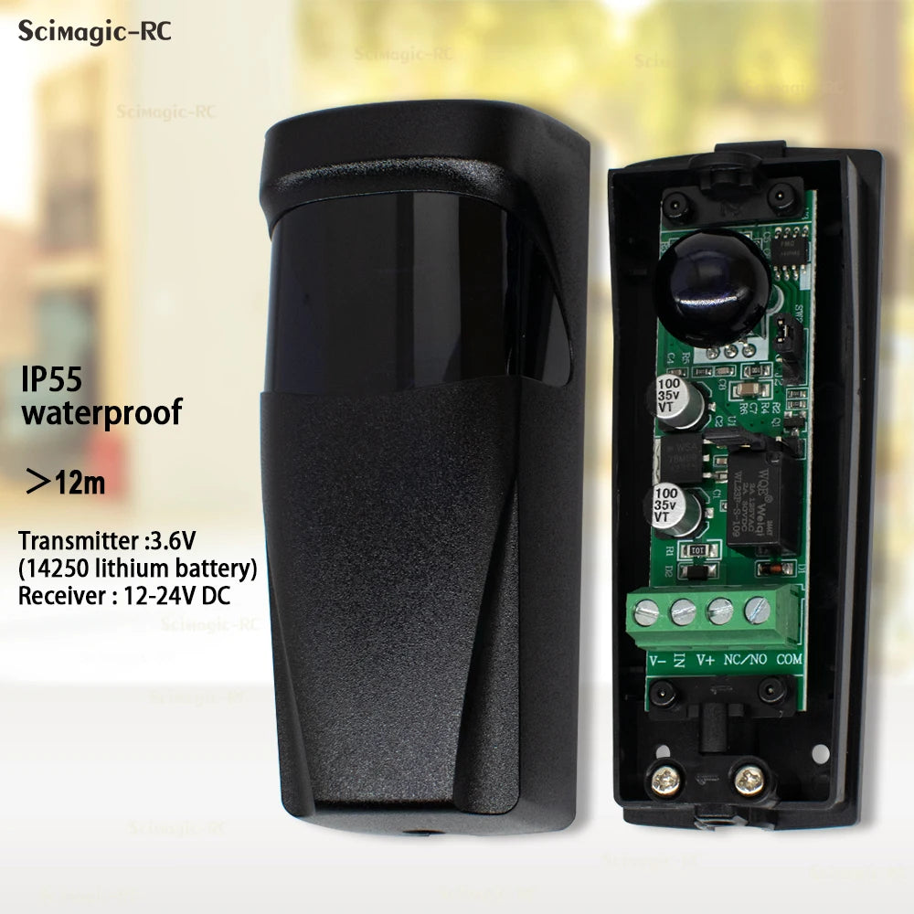Photocell Automatic Gate Door Safety Sensor Alarm Infrared Beam Sensor Photocell 15m Detect Range 12~24V 3.6V Battery Powered