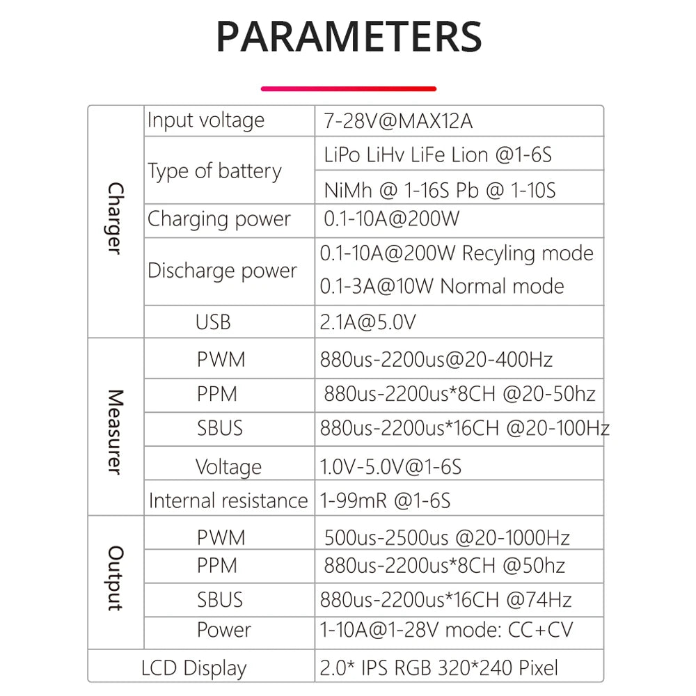 ToolkitRC M7 200W 10A DC Balance Charger Discharger for 1-6S Lipo Battery With Voltage Servo Checker ESC Tester Receiver LCD IPS