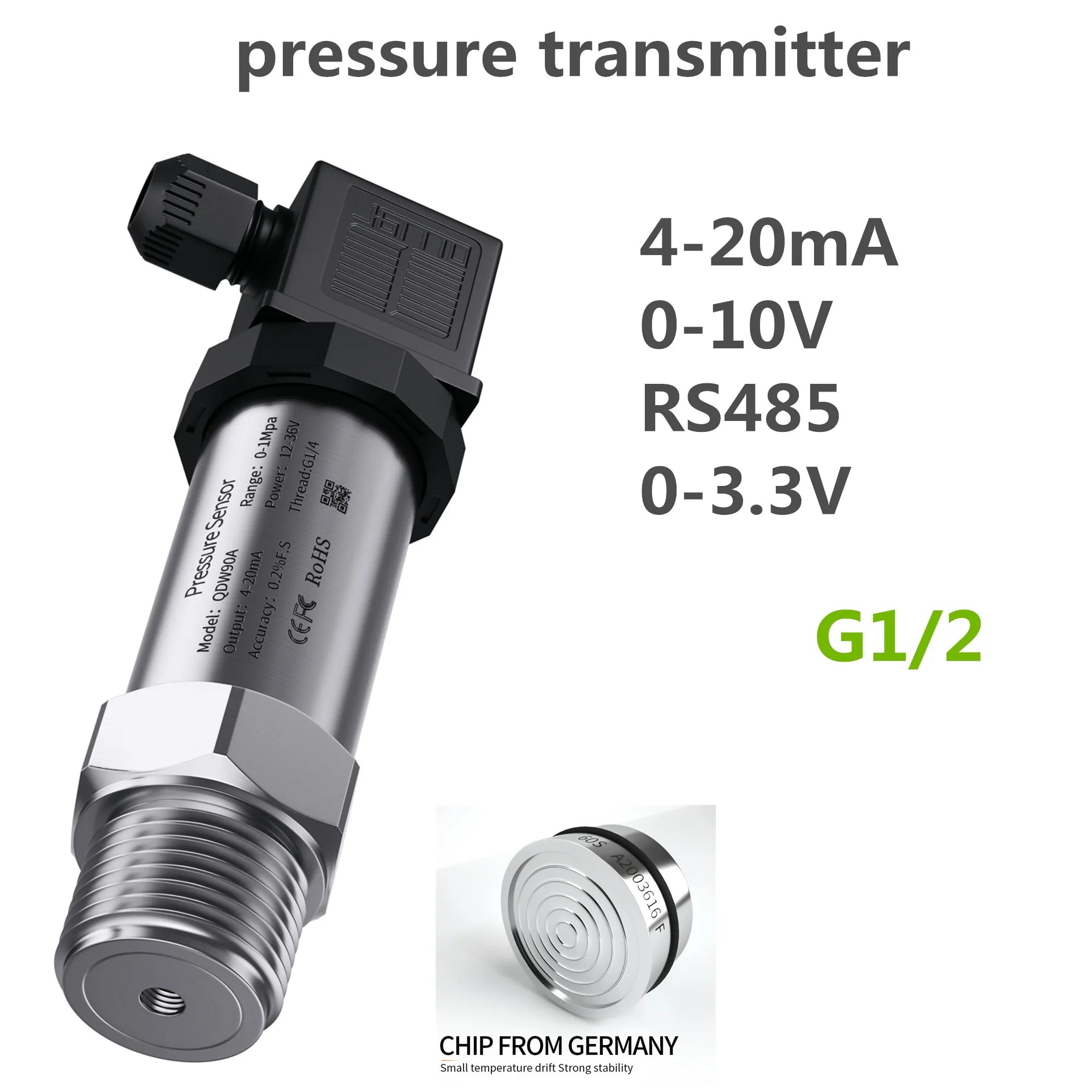 G1/2' 4-20mA Pressure Sensor 0-10V 1bar/10bar/100bar Oil Water Gas 100psi/10Kpa/50mbar RS485 Pressure Transmitter