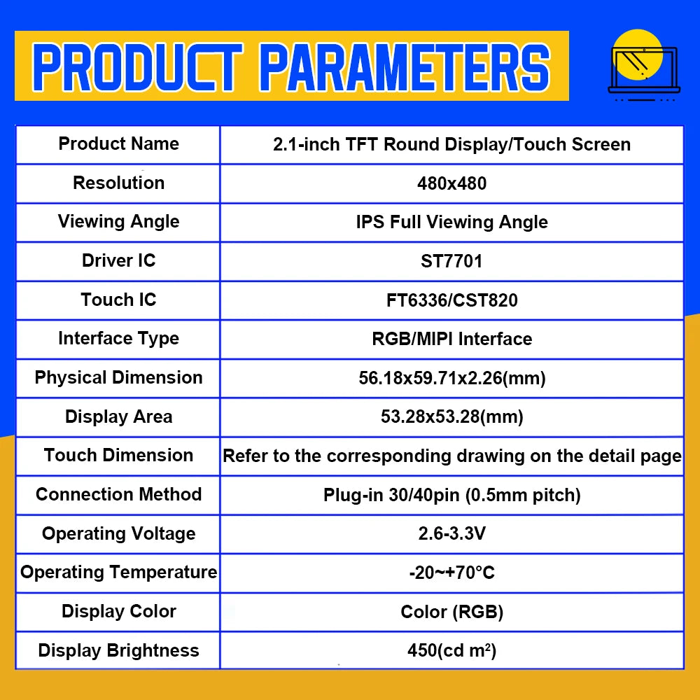 2.1 Inch TFT LED Display Module Round Screen HD IPS 480*480 SPI RGB Interface MIPI HDMI Driver ST7701S Capacitive Touch Screen