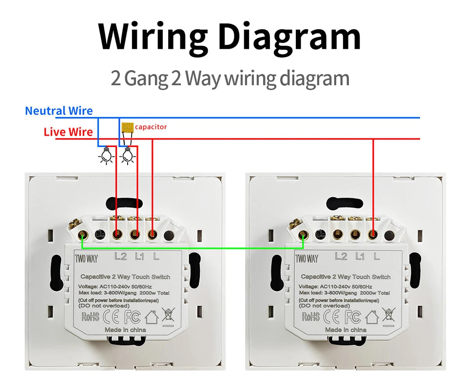 NYWP EU 86*86mm 1Gang 2Way Dual Touch Switch Tempered Glass Panel Stair Switch Bedroom Sensor Switches Cross No Need WI-FI