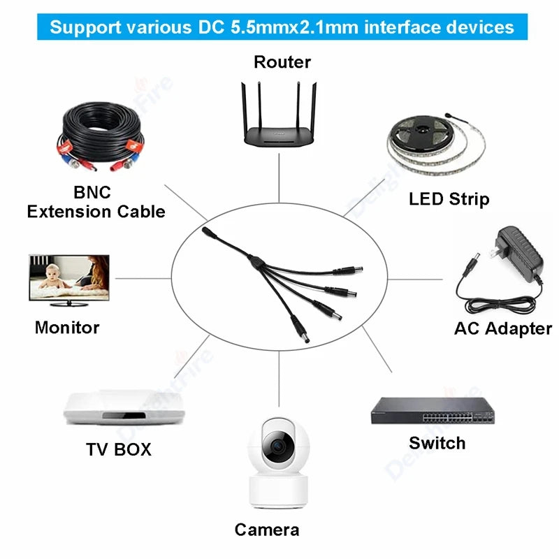 Splitter DC Power Cable 1 To 2/3/4/5/6/8 Way 5V 12V Male Female 5.5x2.1mm DC Plug Extension Wire For LED Strip Light Camera CCTV