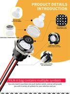 FILN 2Pcs 22mm Symbol Push Button Switch 20A IP67 Waterproof Latching Momentary Marine Switches 185 Replacement Symbols 5V-24V