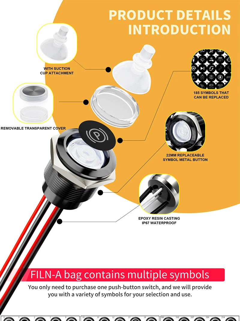 FILN 2Pcs 22mm Symbol Push Button Switch 20A IP67 Waterproof Latching Momentary Marine Switches 185 Replacement Symbols 5V-24V