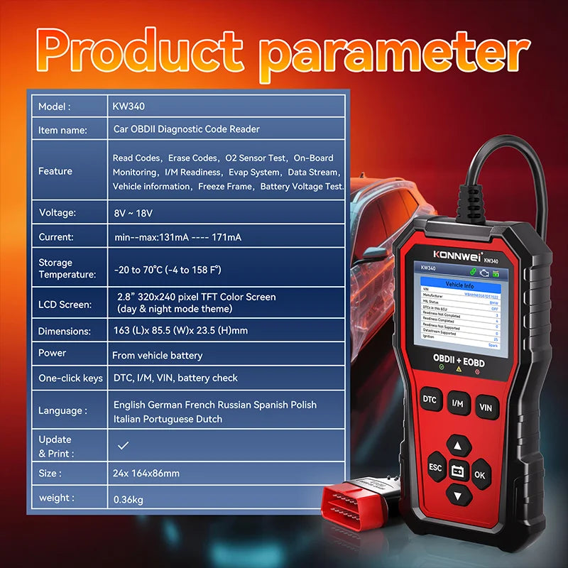 KONNWEI KW340 Car OBD2 Diagnostic Tool CAN EOBD 3in1 Engine Battery Test Read Clear Fault Code Real-Time Data O2 Inspection Tool