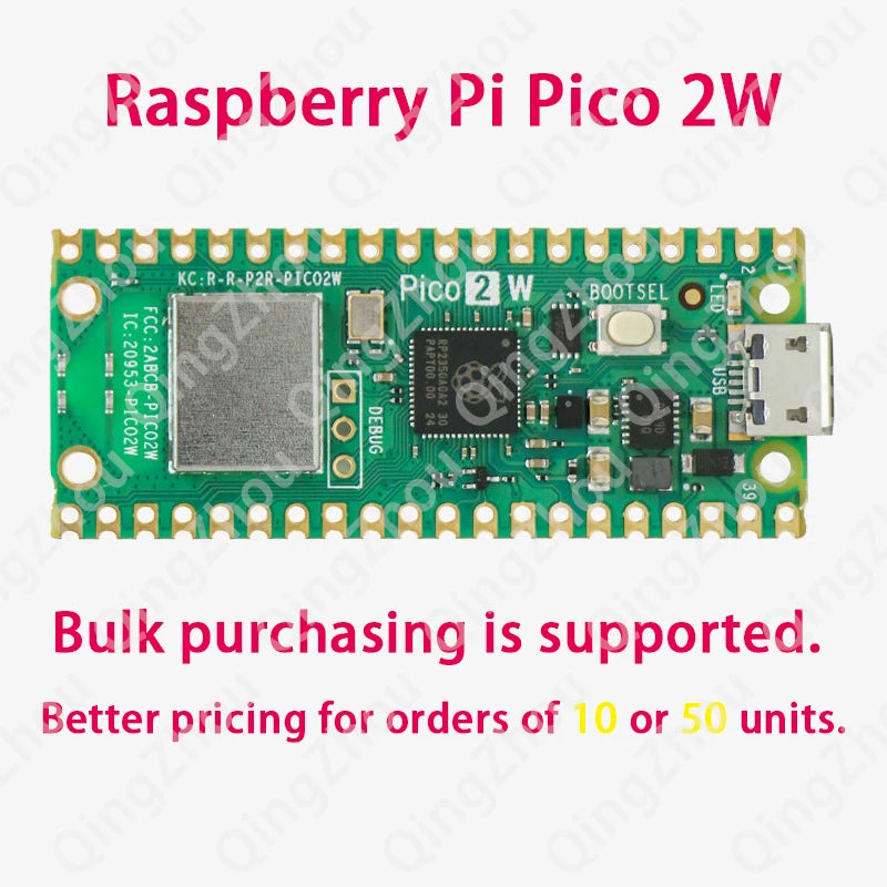 Raspberry Pi Pico 2‑W controller, featuring a dual‑core dual‑architecture processor with Wi‑Fi and Bluetooth support. Bulk purch