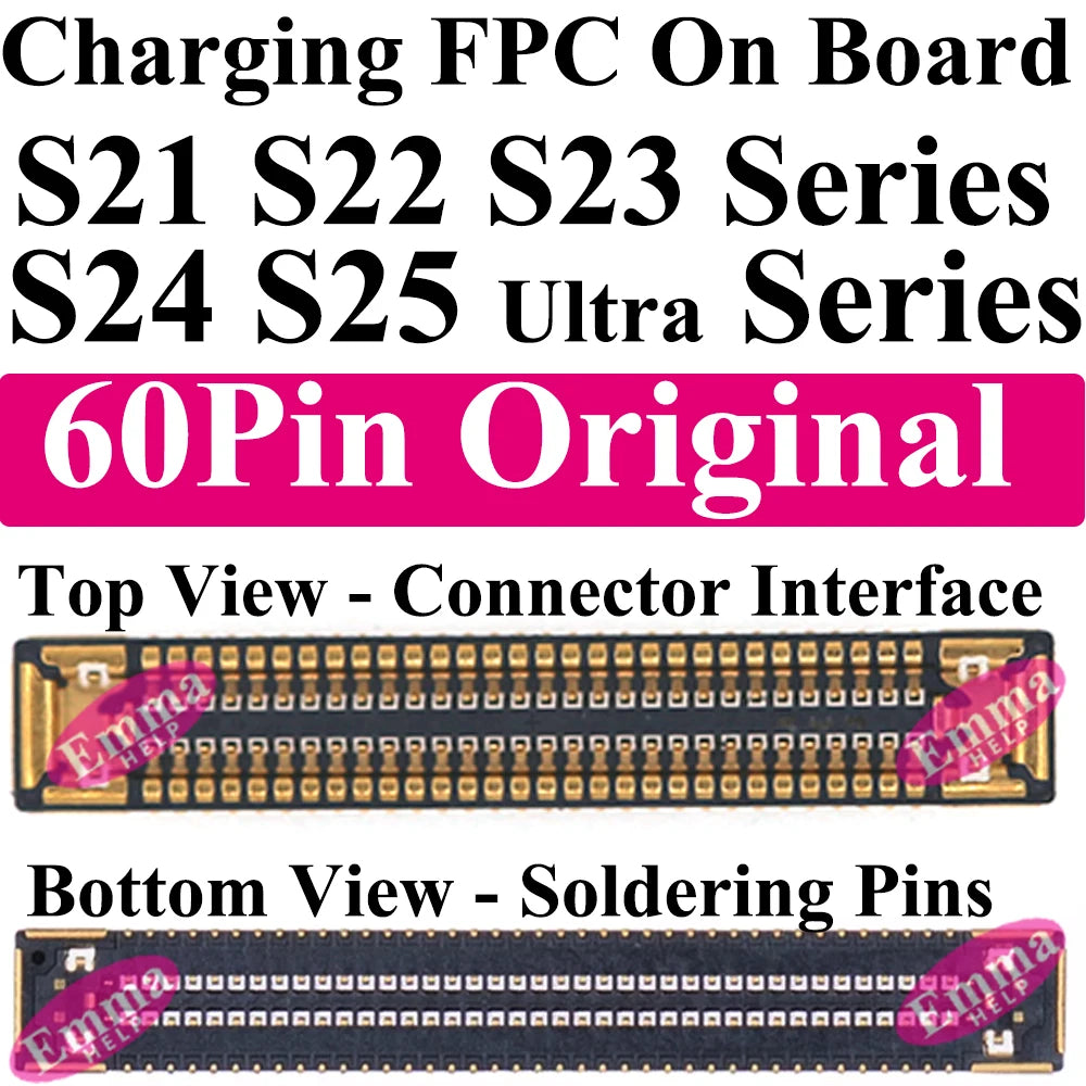 60Pin Charging FPC Connector on Board for Samsung Galaxy S21 S22 S23 S24 S25 Ultra Plus Mainboard Flex Interface 10/30/50Pcs