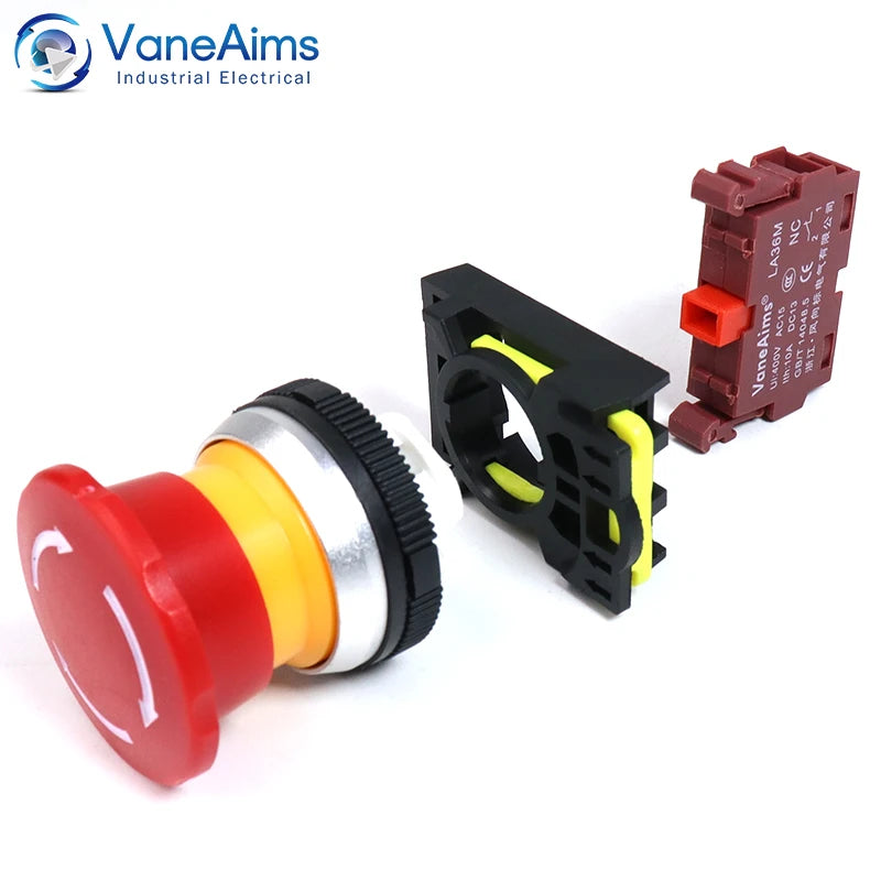 30mm LA36M Emergency Stop Push Button Switch Latching Self locked Plastic Mushroom E-stop Switch with Red LED Light 220v 12v 24v