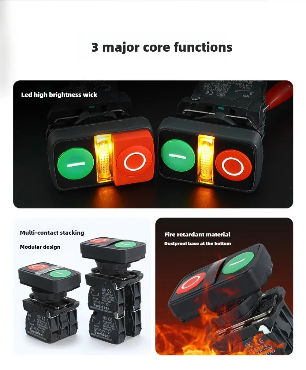 XB4 Double Button Switch with Light 22mm Emergency Stop Button Switch Momentary Self Reset Mushroom Power Push Button Switch 10A