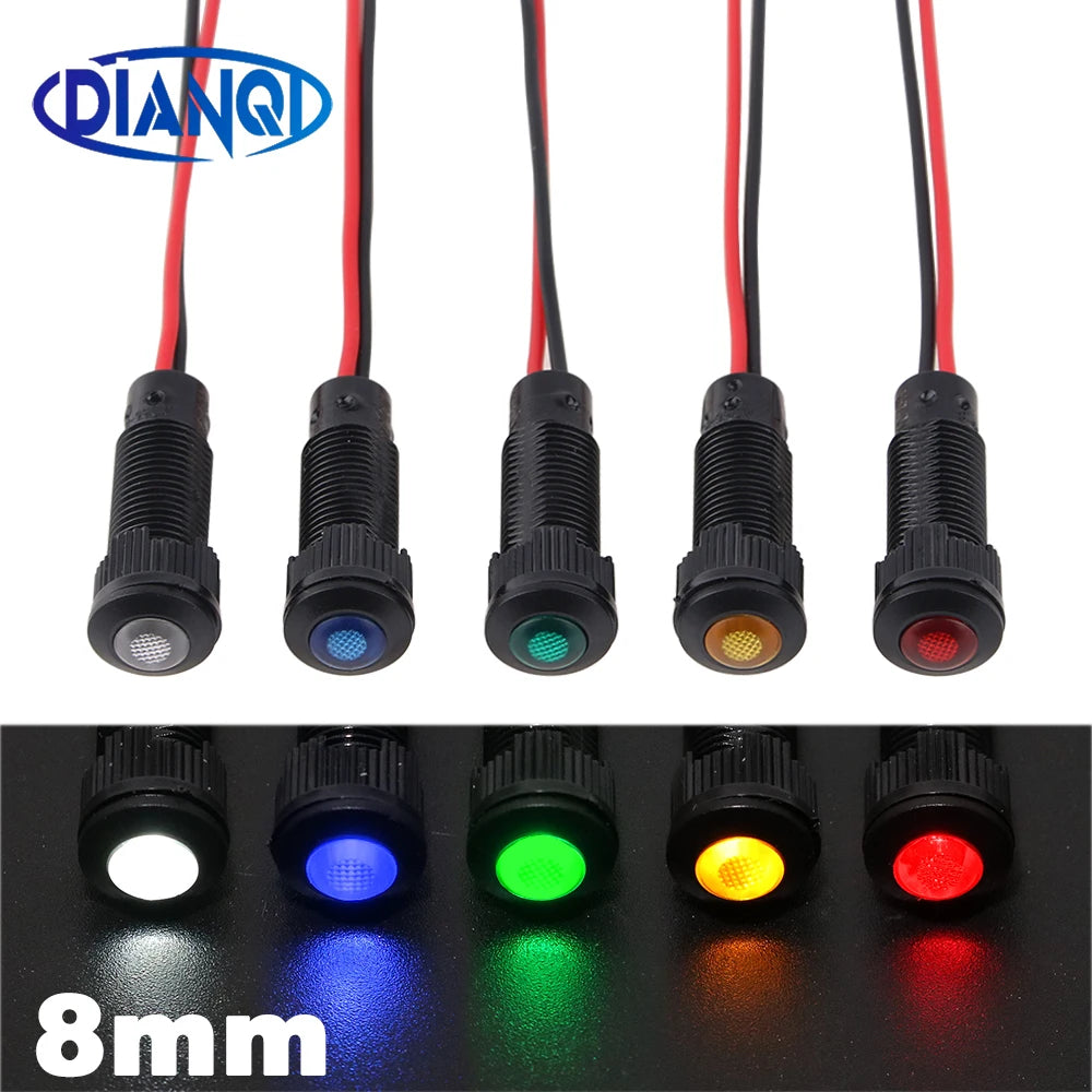 1pc 8mm Oxidized Black Plastic Indicator Light Mini Warning LED Pilot Signal Lamp 6V12V 24V 220V with Wire Red Yellow Blue Green