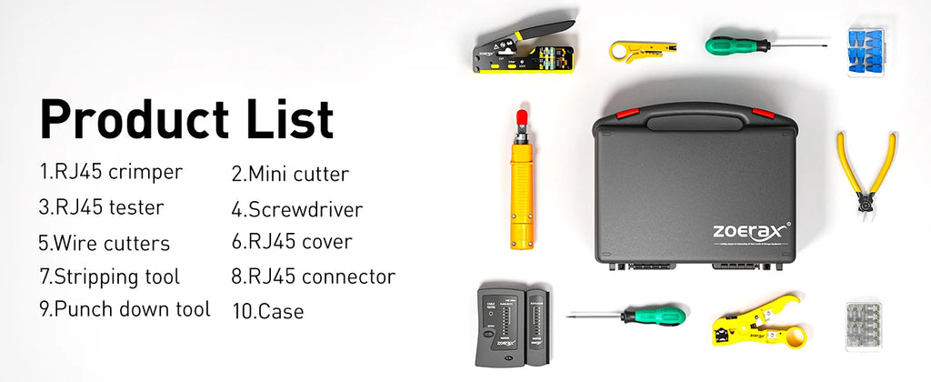 ZoeRax Network Tool Kit，RJ45 Crimp Tool kit Pass Through Crimper RJ45 Crimping Tool, Cable Tester, Punch Down Tool, Stripper