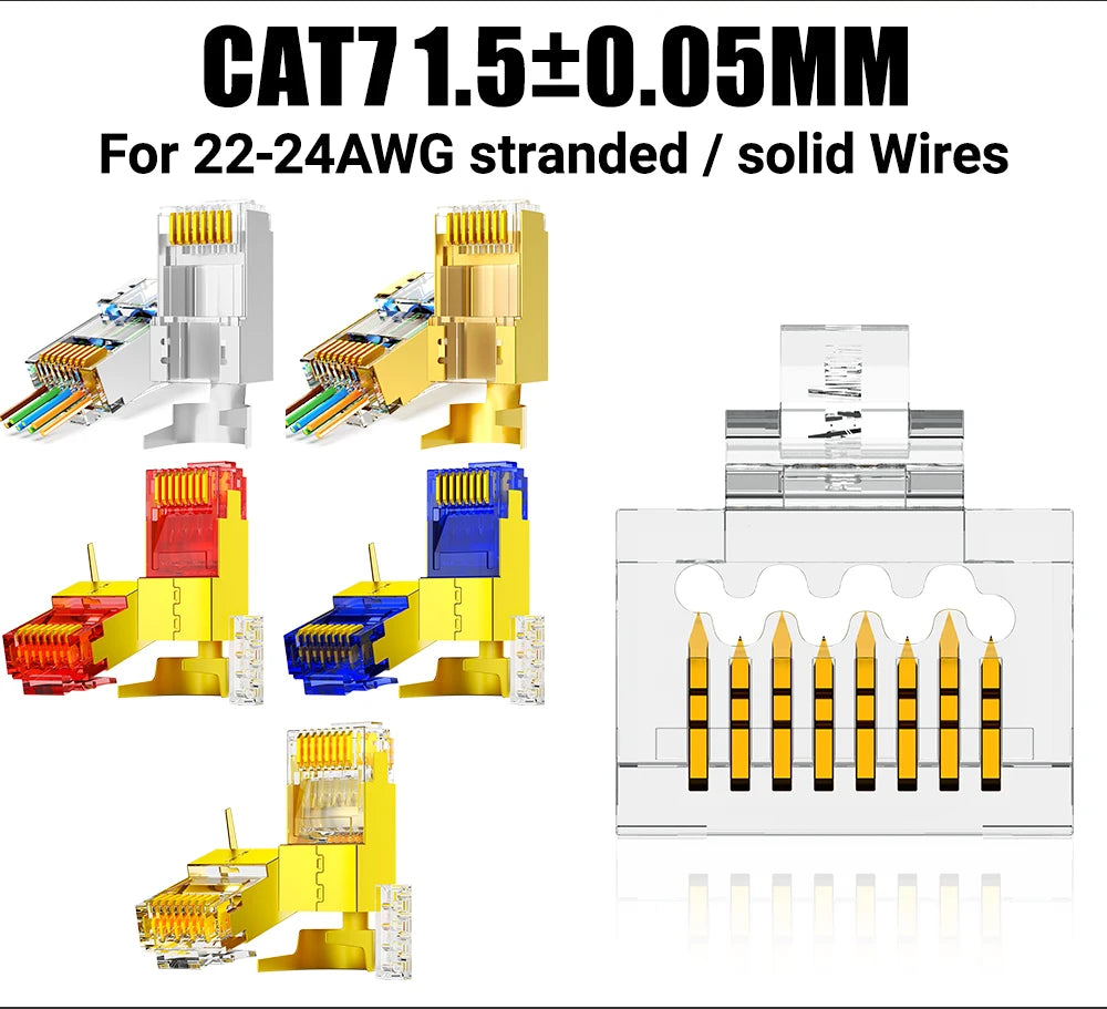 AMPCOM RJ45 Connector 50U Gold Plated CAT7 CAT6 CAT5E Pass through Modular Plug 8P8C Crimp End for Solid Wire Stanrded Ethernet