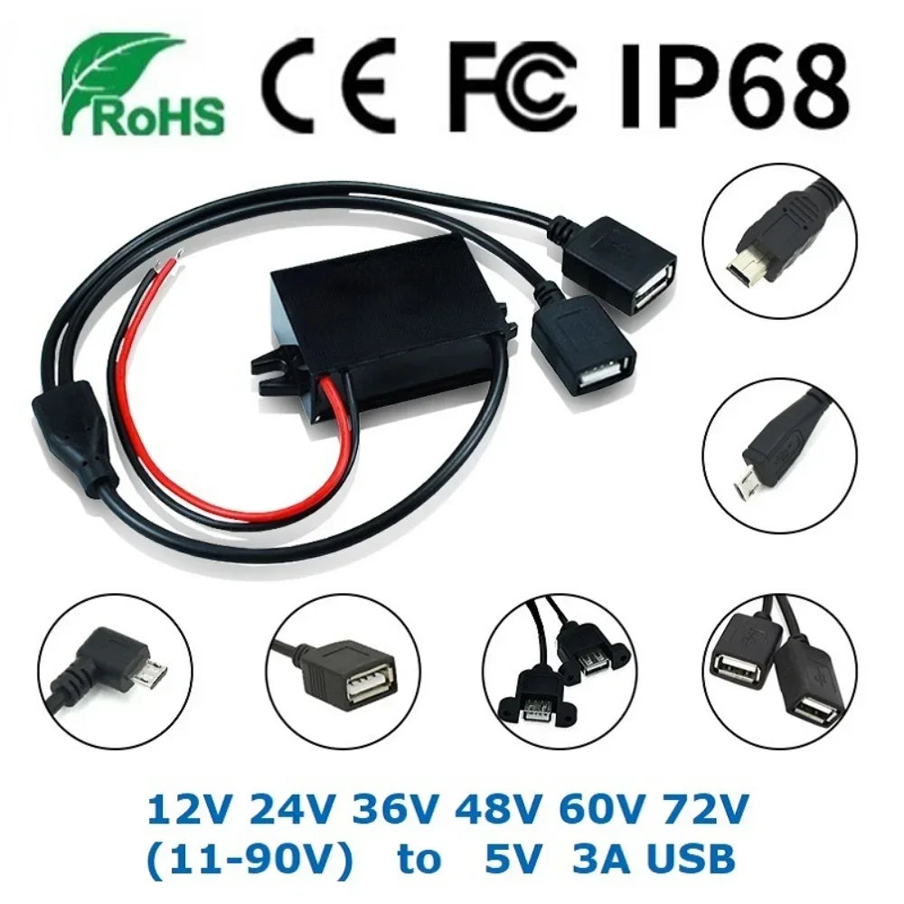 12V 24V 36V 48V 60V 72V Buck to 5V 3A USB Step Down Power Converter Car Auto Phone Motorcycle Charger Adapter 11V-90V