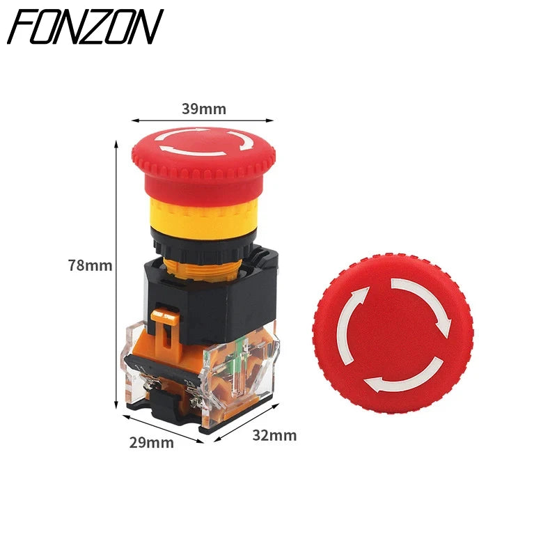 LA38-11ZS Self-Locking 22mm Emergency Power Button Switch Mushroom Head Emergency Stop Button 10A 1NO 1NC
