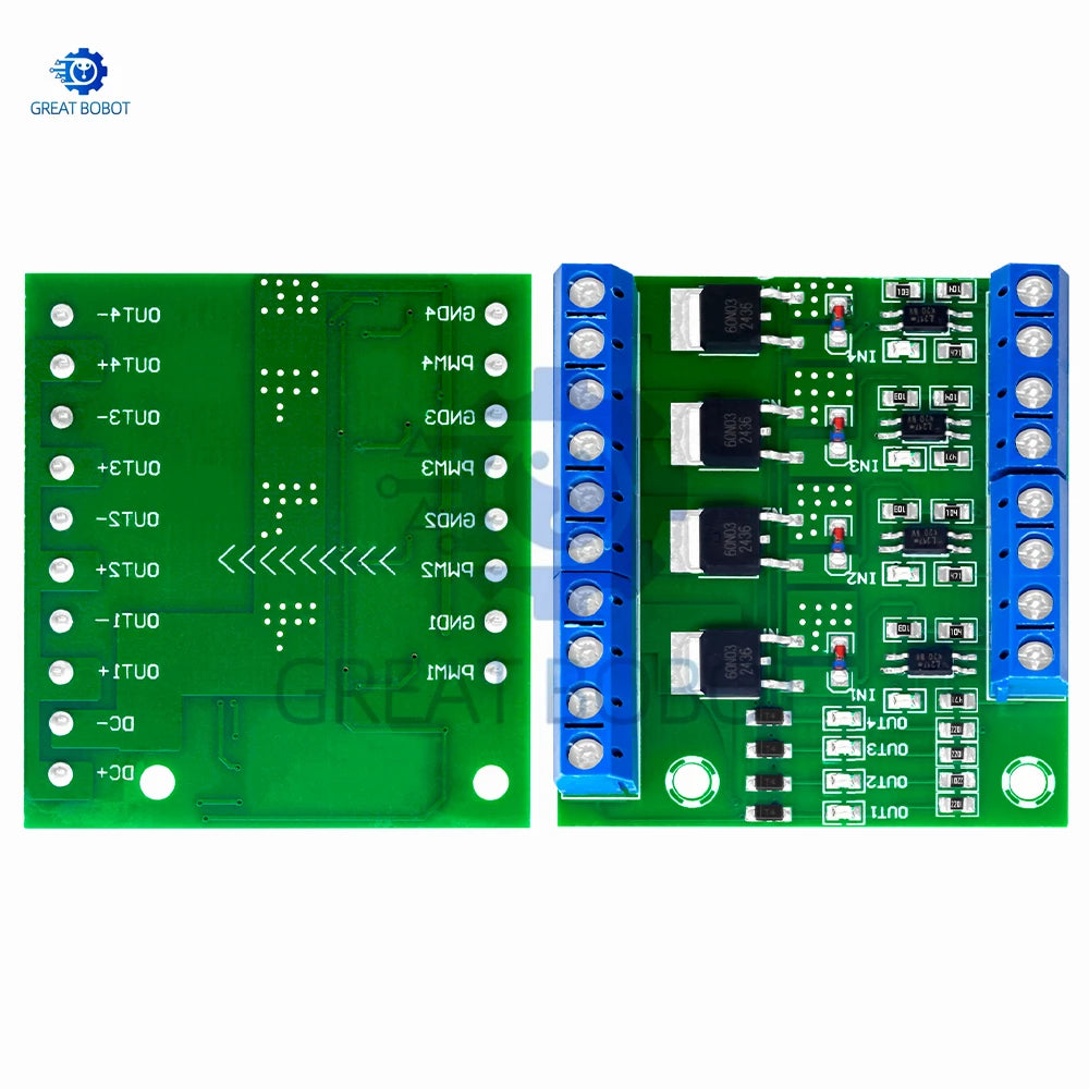 MOSFET 4-Channel Pulse-Triggered Switch Controller Board with PWM and Optocoupler Isolation for Motor and LED Lighting DC5V-20V