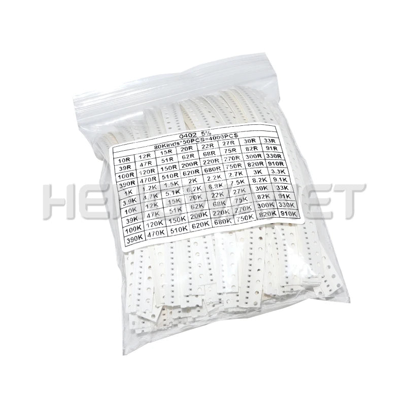 4000pcs 0402 SMD Resistor Kit Assorted Kit 10ohm-1M ohm 5% 80valuesX 50pcs=4000pcs Sample Kit
