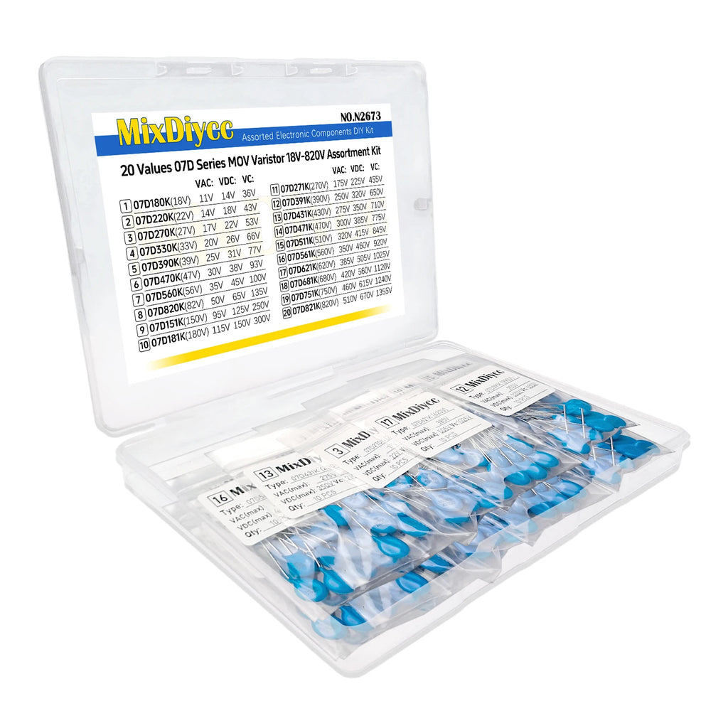 20 Values 07D Varistor Kit 18V-820V piezoresistor resistor 390K/470K/820K/181K/271K/391K/431K/471K/561K/621K/681K/821K 200 Pcs