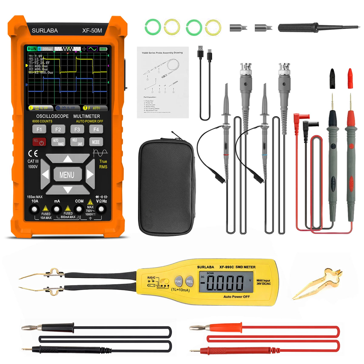 3 in 1 Oscilloscope Multimeter, Handheld Signal Generator, 50MHz Lab Oscilloscopes with 2 Channel, 200M/280MSa/s, USB C Voltage