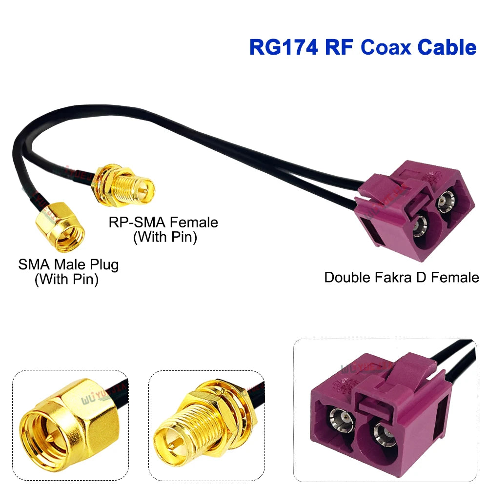 RG-174 Double Fakra D Female to SMA Male Pin + RP-SMA Female Hole 50 Ohm RF Connector Coaxial Cable WIFI Antenna Jumper Pigtail