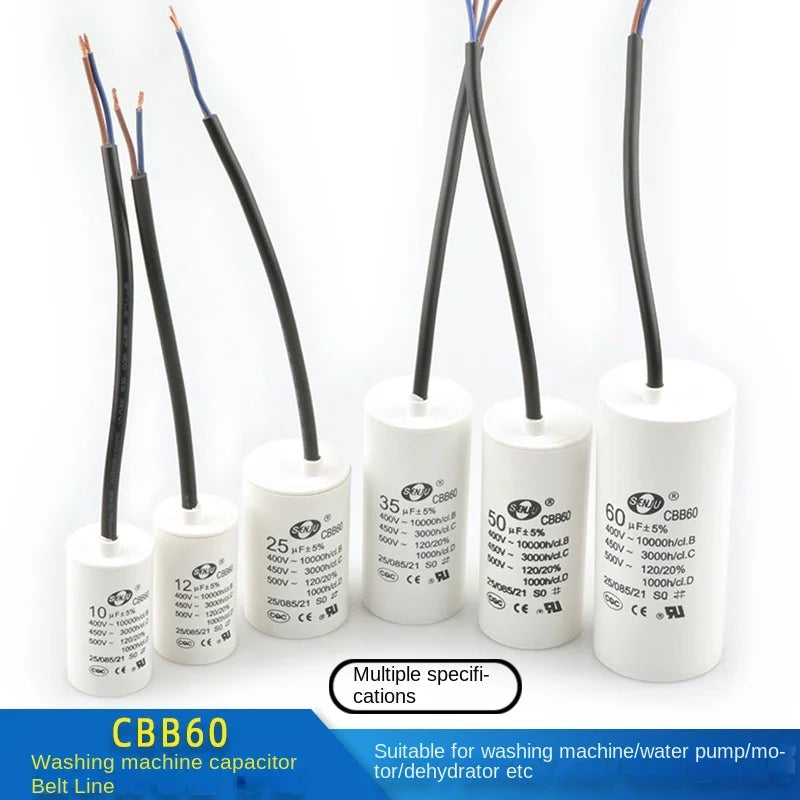 CBB60 Motor Start Capacitor for Washing Machine, Spin Dryer, Water Pump 4/5/6/8/10/12/20/100UF