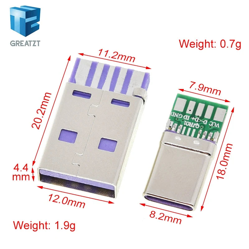 1/5Set PD Fast Charge Type-C USB 65W 5A  Male Connector Welding With 5Pin PCB + Type A Male 5Pin USB DIY OTG Data Charge DIY KIT