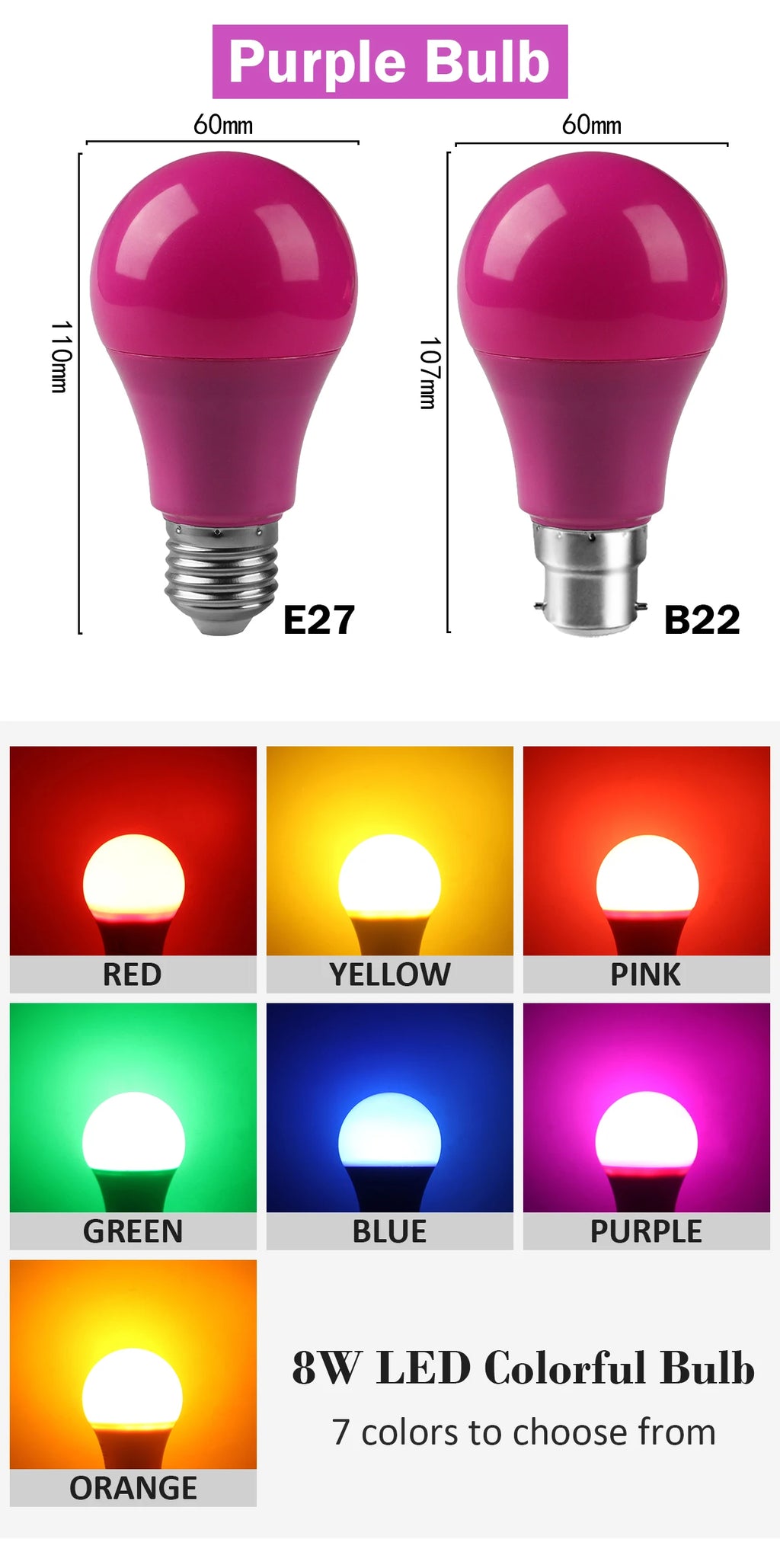 2-10pcs Colorful Bulb B22 E27 110V 220V Red Yellow Blue Green Pink Purple Orange Light Bulb Lamp for Home