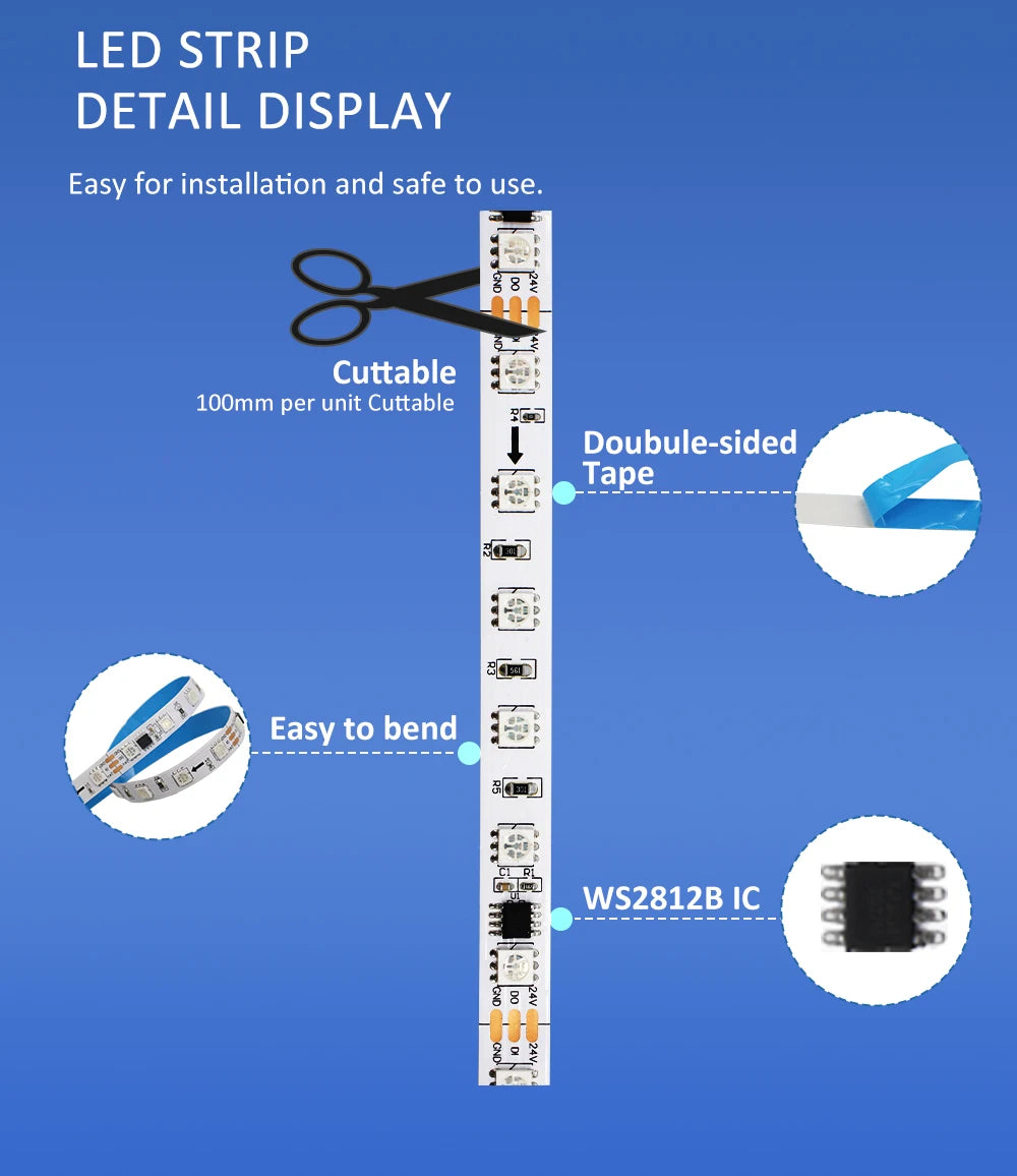 WS2811 RGB IC Running Water Flowing Strip Lights DC 24V 5050 60Leds RGBIC Flexible Ribbon RF Touch Remote Control LED Lighting