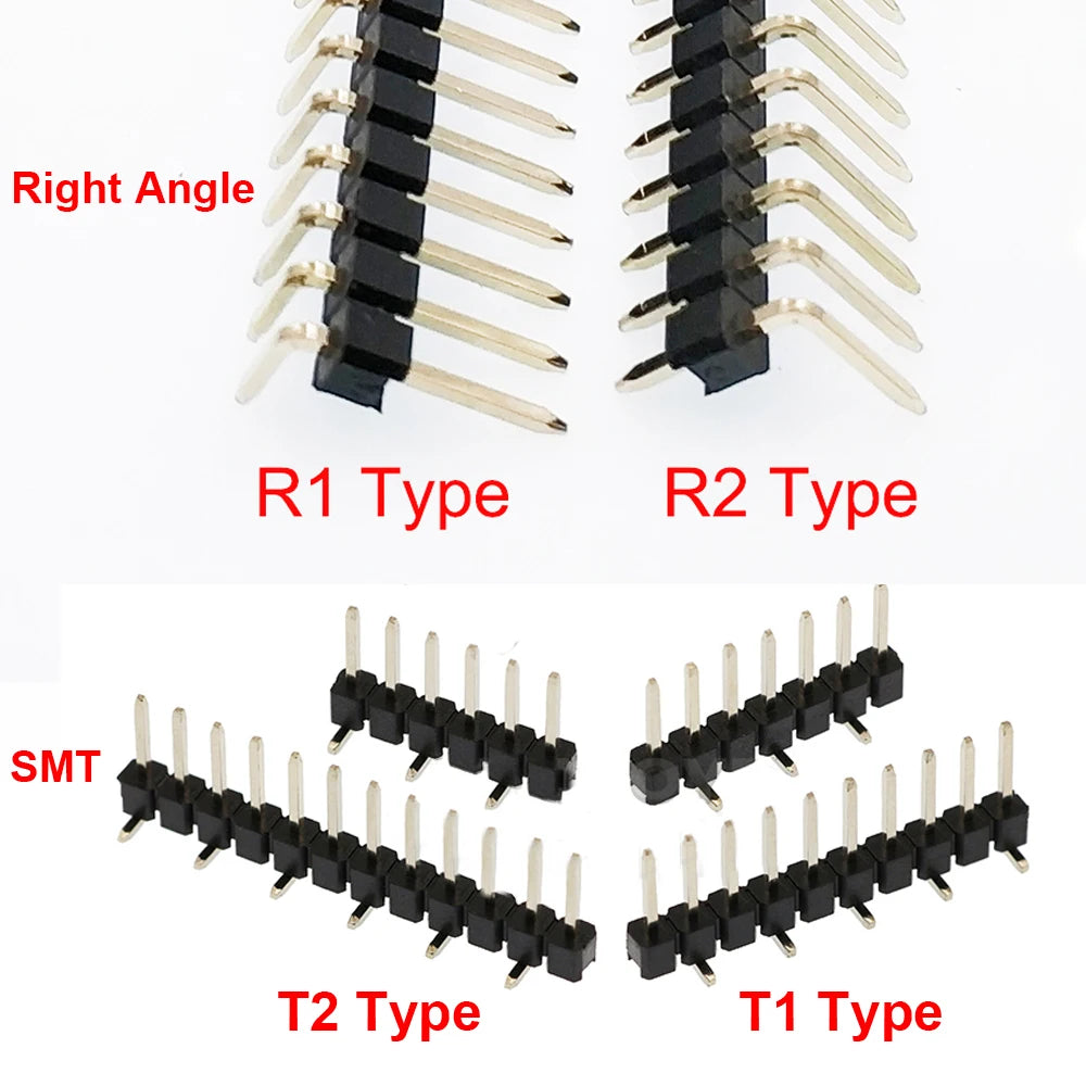 100pcs 2.54mm Single Row Breakable 1X40P Right Angle R1 R2 SMT Board Spacer Gold-plate  Male PCB Pin Header Strip Connector