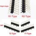 100pcs 2.54mm Single Row Breakable 1X40P Right Angle R1 R2 SMT Board Spacer Gold-plate  Male PCB Pin Header Strip Connector
