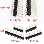 100pcs 2.54mm Single Row Breakable 1X40P Right Angle R1 R2 SMT Board Spacer Gold-plate  Male PCB Pin Header Strip Connector