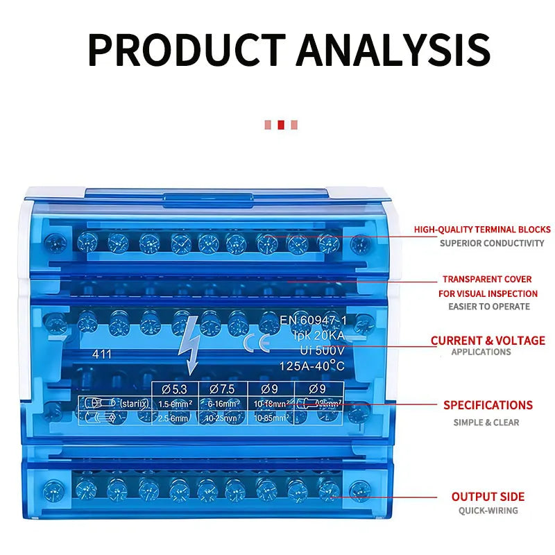 UK207 UK211 UK215 UK407 UK411 UK415 DIN Rail Terminal Block 125A Electrical Junction Box 1 In 2/4/6 Out Distribution Box