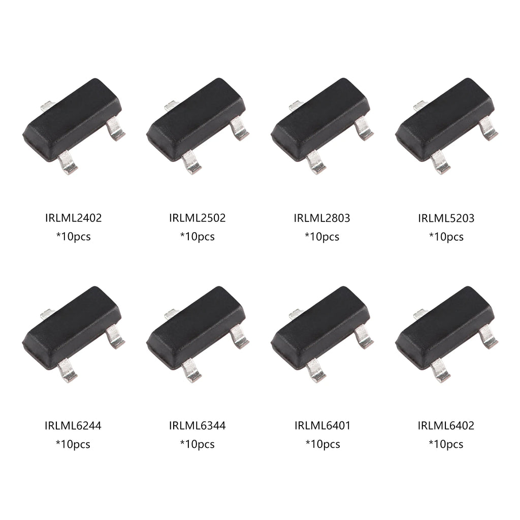 8 Values IRLML SMD MOSFET Kit 2402/2502/2803/5203/6244/6344/6401/6402 SOT-23 N P Channel Field Effect Transistor Total 80 Pcs