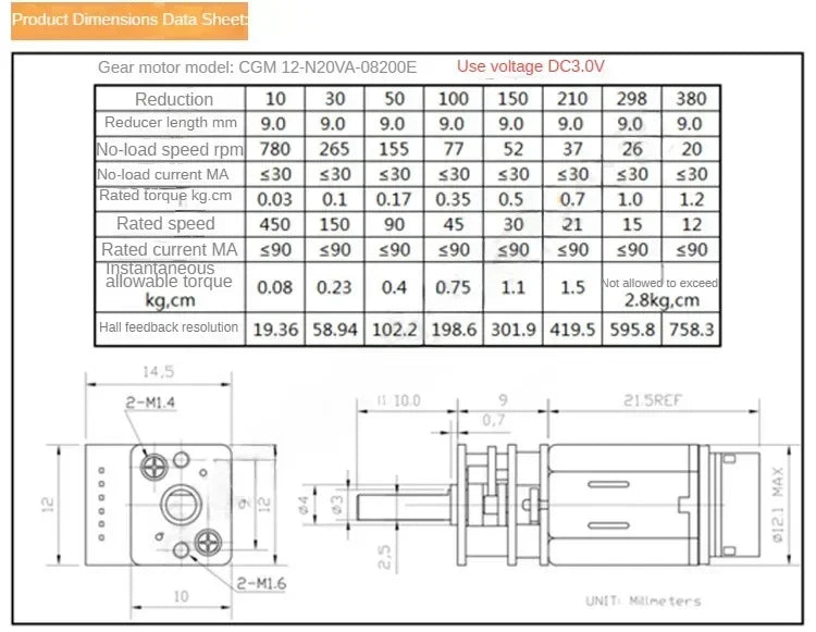 GA12 N20 Encoder DC 12V (6V 5V 3V) Mini Micro Metal Gear DC Motor with Gearwheel High Torque 30-4000RPM 7PPR Hall Sensor Encoder