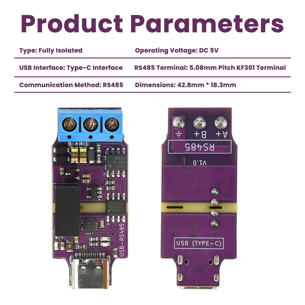USB to RS485 Isolated Serial Port Module, Automatic Commutation, High-Speed 2Mbps Communication Power Isolation Module Type C